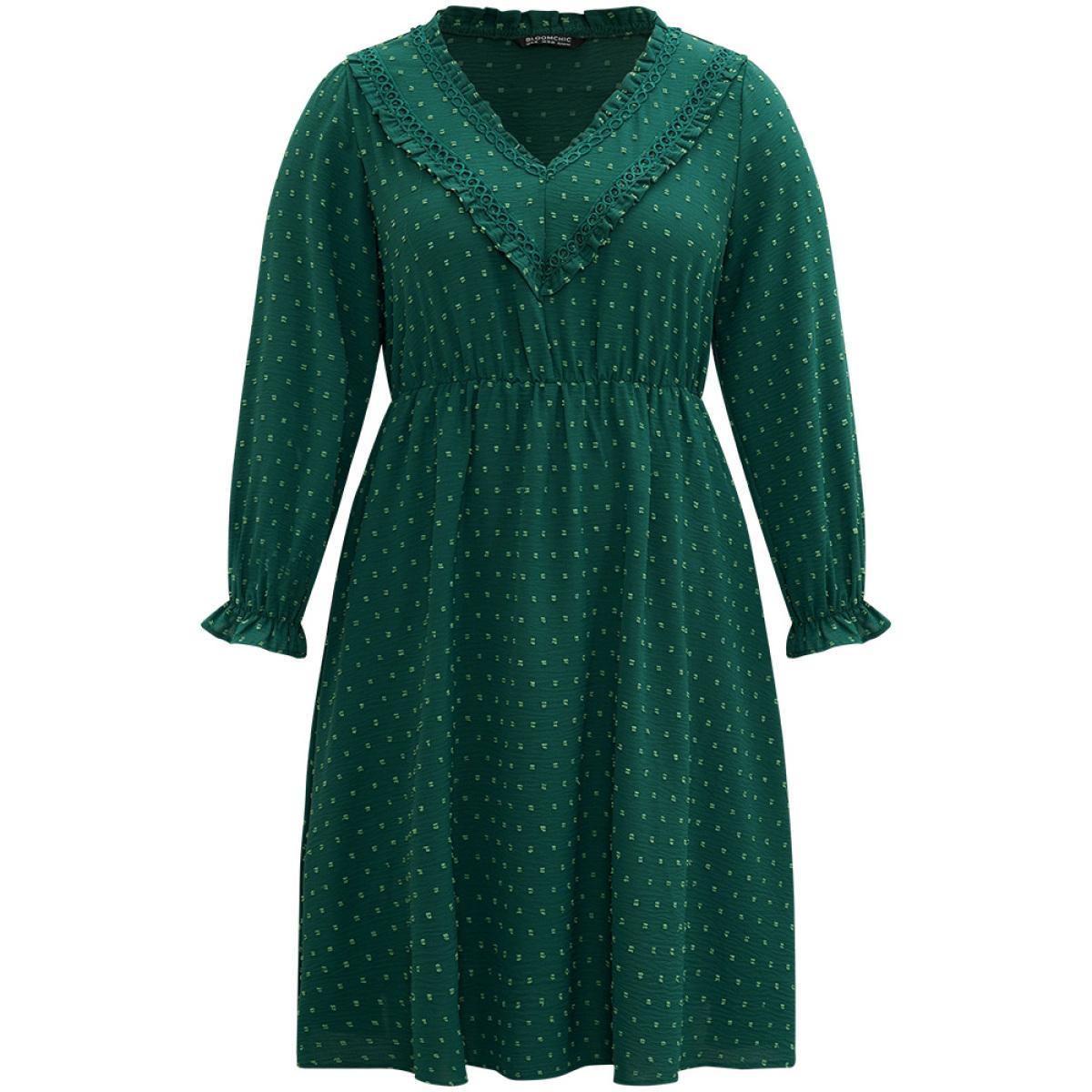 Plus Size Solid Textured V Neck Lantern Sleeve Frill Trim Dress DarkGreen Women Office Texture V-neck Long Sleeve Curvy Midi Dress BloomChic 18-20/2X Product Image