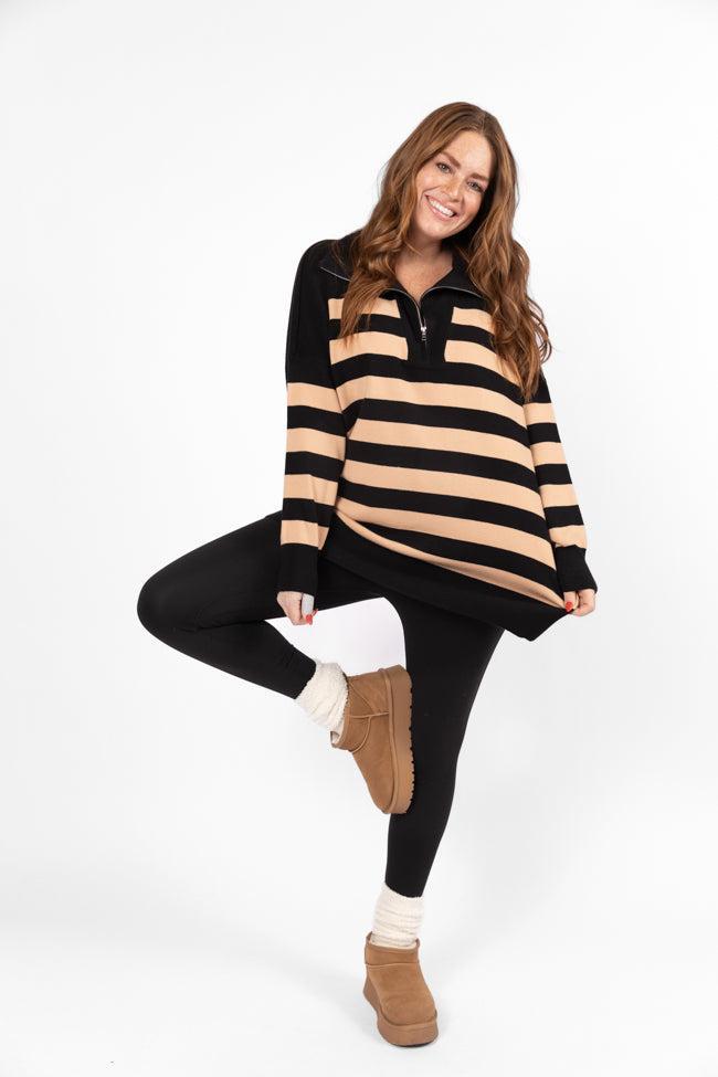Pulling Heartstrings Black And Tan Striped Quarter Zip Pullover SALE Product Image