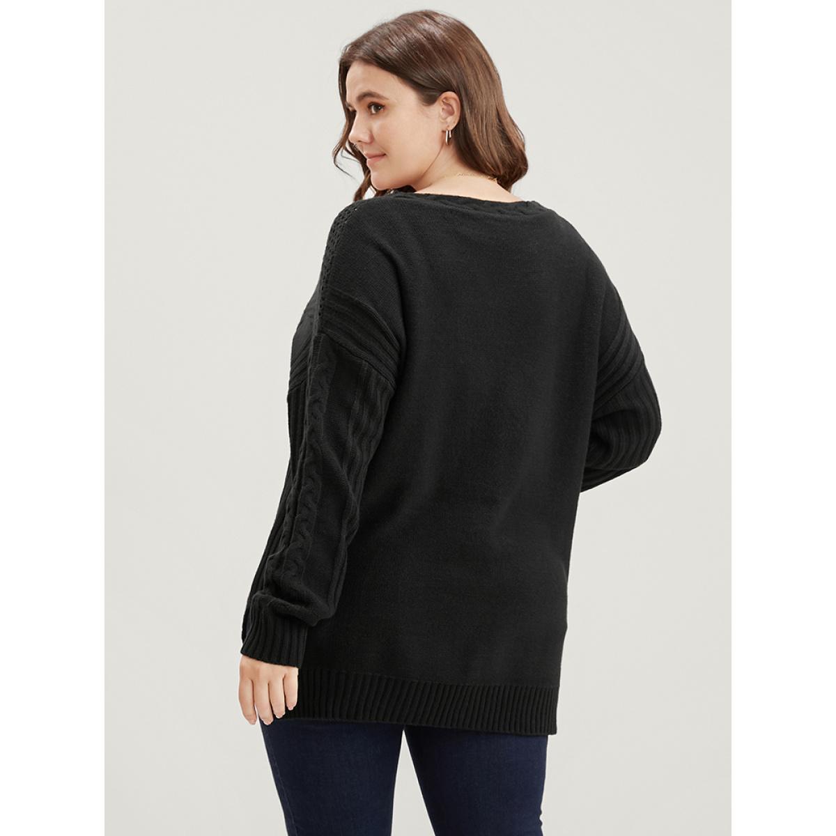 Plus Size Solid Pointelle Knit Cut Out Split Hem Cable Knit Top Black Women Casual Loose Long Sleeve V-neck Dailywear Pullovers BloomChic 12/L Product Image