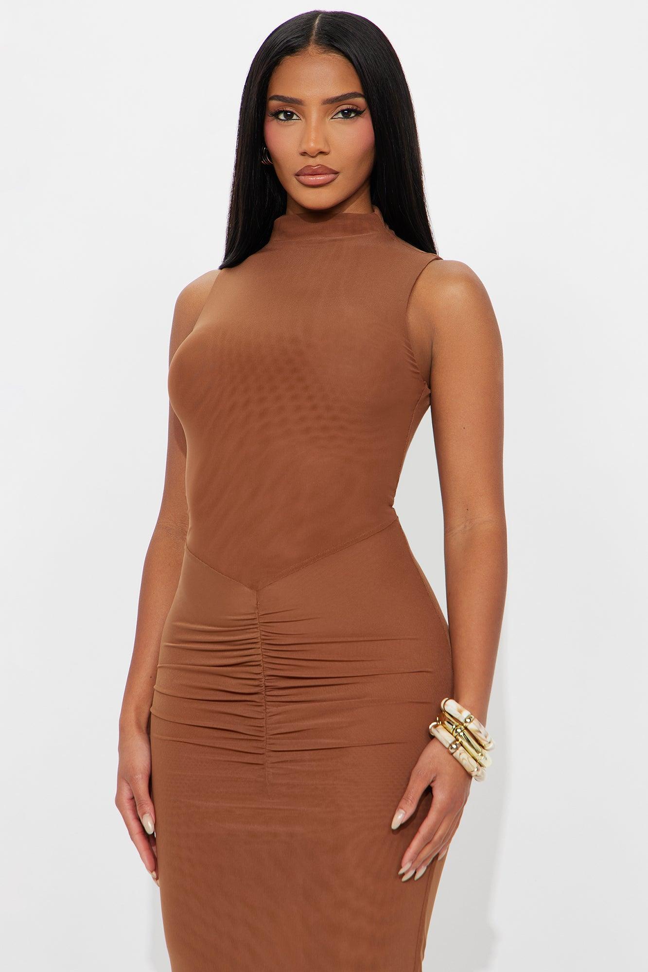 Vivian Sheer Mock Neck Maxi Dress - Cognac Product Image