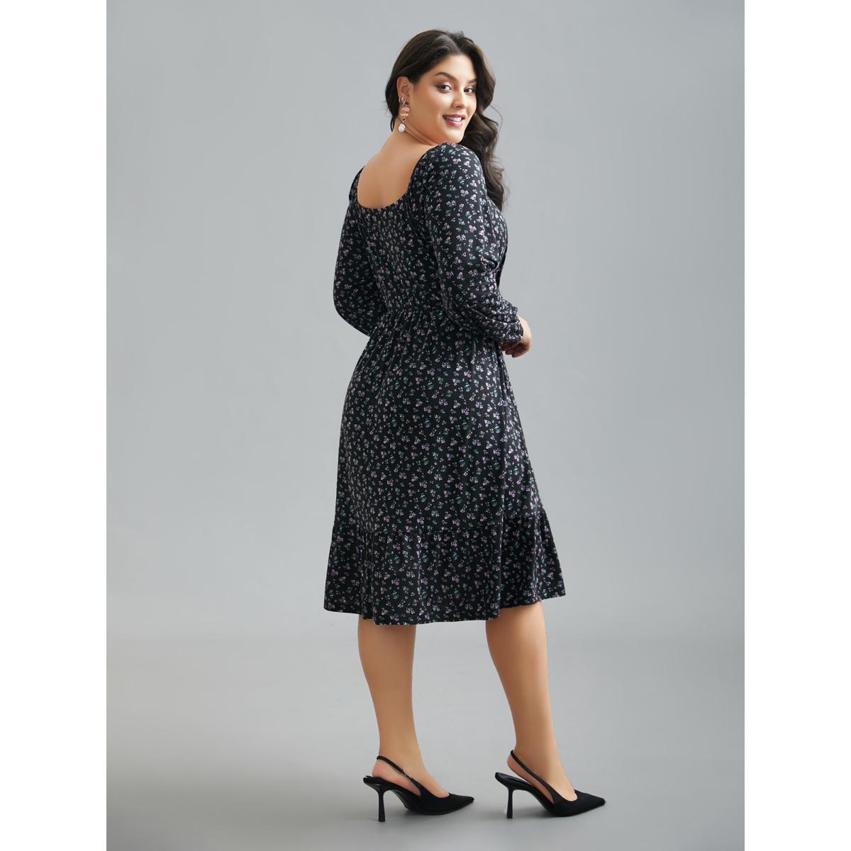 Plus Size Square Neck Ditsy Floral Elastic Waist Dress BlackFlower Women Elegant Non Knit Dresses Bloomchic 22-24/3X Product Image