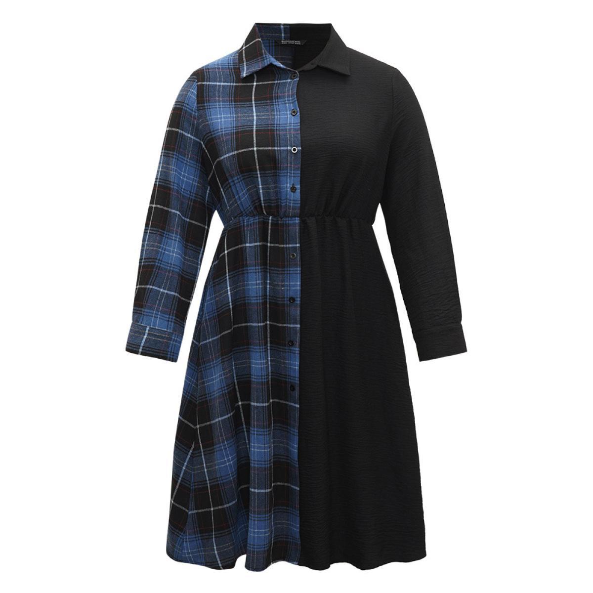 Plus Size Plaid Patchwork Button Through Pocket Dress Multicolor Women Office Contrast Shirt collar Long Sleeve Curvy Midi Dress BloomChic 28/5X Product Image