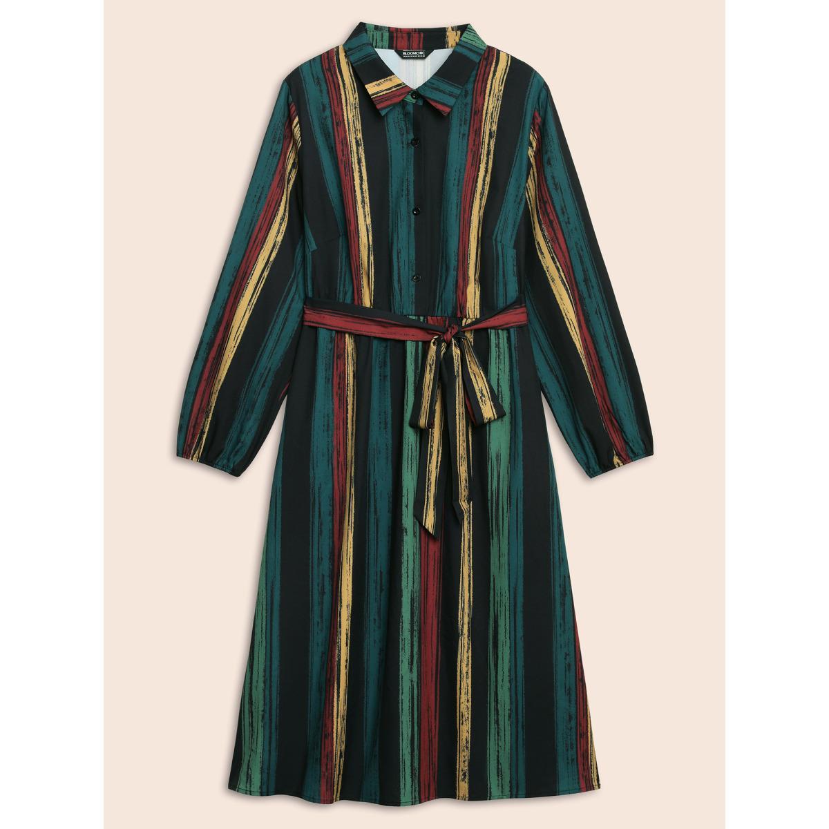 Plus Size Colored Striped Belted Lantern Sleeve Dress Multicolor Women At the Office Belted Knit Dresses Bloomchic 18-20/2X Product Image