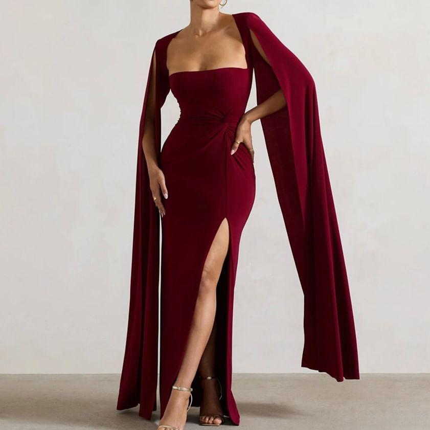 Slit-Sleeve Plain Maxi A-Line Dress Product Image