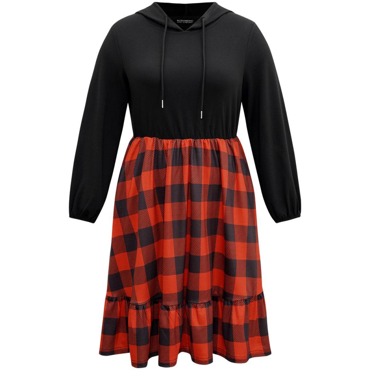 Plus Size Plaid Patchwork Ruffle Hem Hooded Lantern Sleeve Dress Black Women Casual Elastic cuffs Hooded Long Sleeve Curvy Midi Dress BloomChic 30/6X Product Image