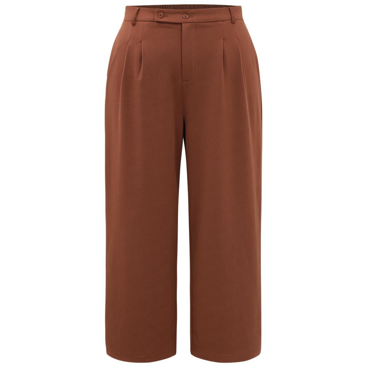 Plus Size Solid Pocket Plicated Detail Pants Women Chocolate Office Straight Leg High Rise Work Pants BloomChic 28/5X Product Image