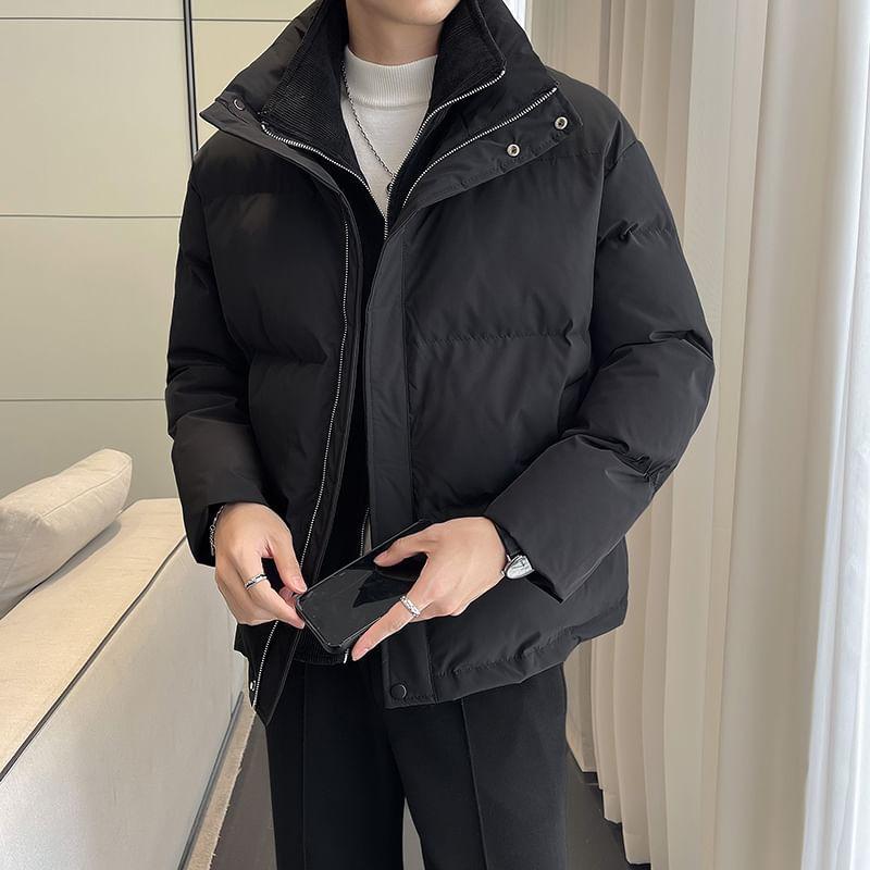 Stand Collar Plain Mock Two Piece Zip Puffer Jacket Product Image
