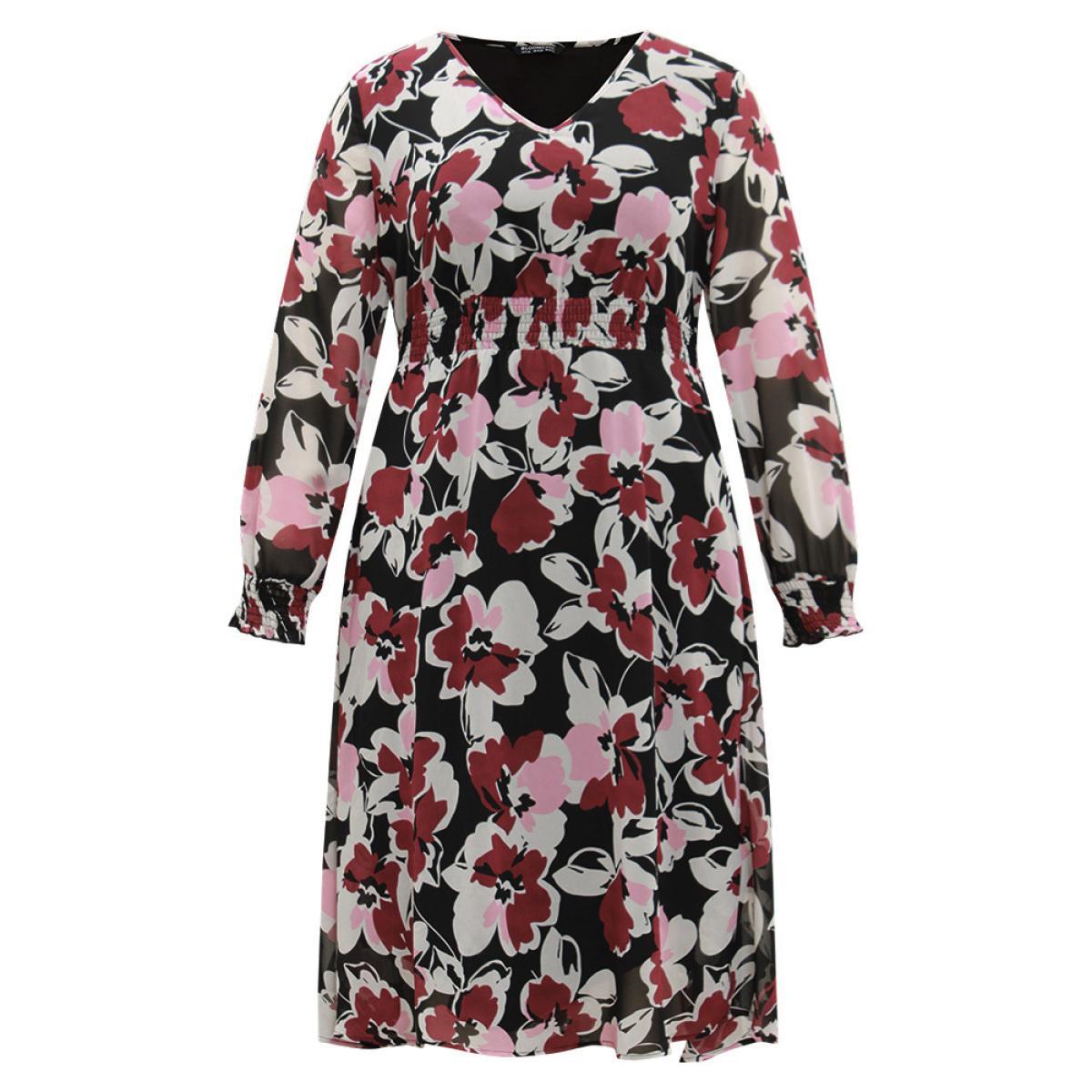 Plus Size Floral Print Chiffon Shirred Elastic Cuffs Dress Black Women Elegant Printed V-neck Long Sleeve Curvy Midi Dress BloomChic 22-24/3X Product Image