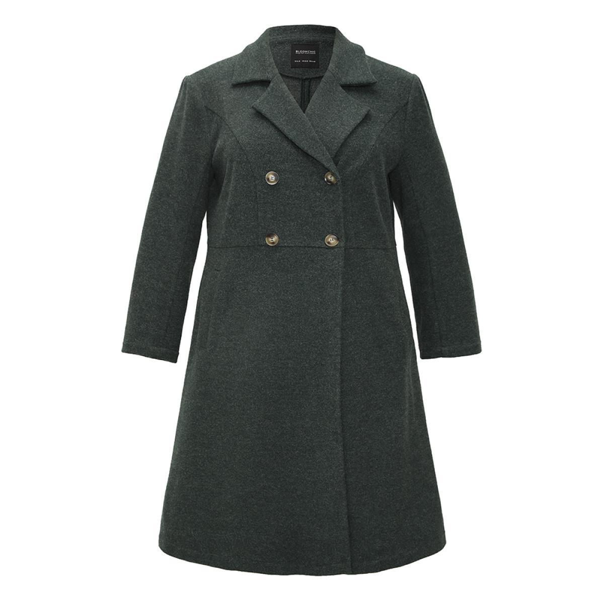 Plus Size Solid Pocket Double Breasted Heather Overlap Collar Coat Women DarkGreen Casual Plain Bodycon Ladies Dailywear Winter Coats BloomChic 28/5X Product Image