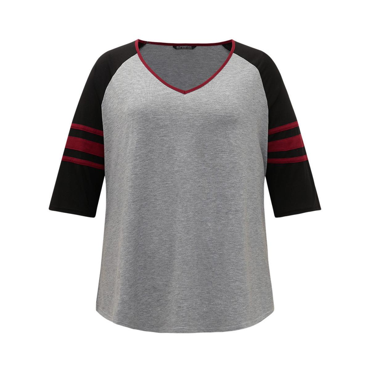 Plus Size Colorblock Contrast Raglan Sleeve Contrast Trim T-shirt Gray Women Casual Contrast Striped V-neck Dailywear T-shirts BloomChic 30/6X Product Image