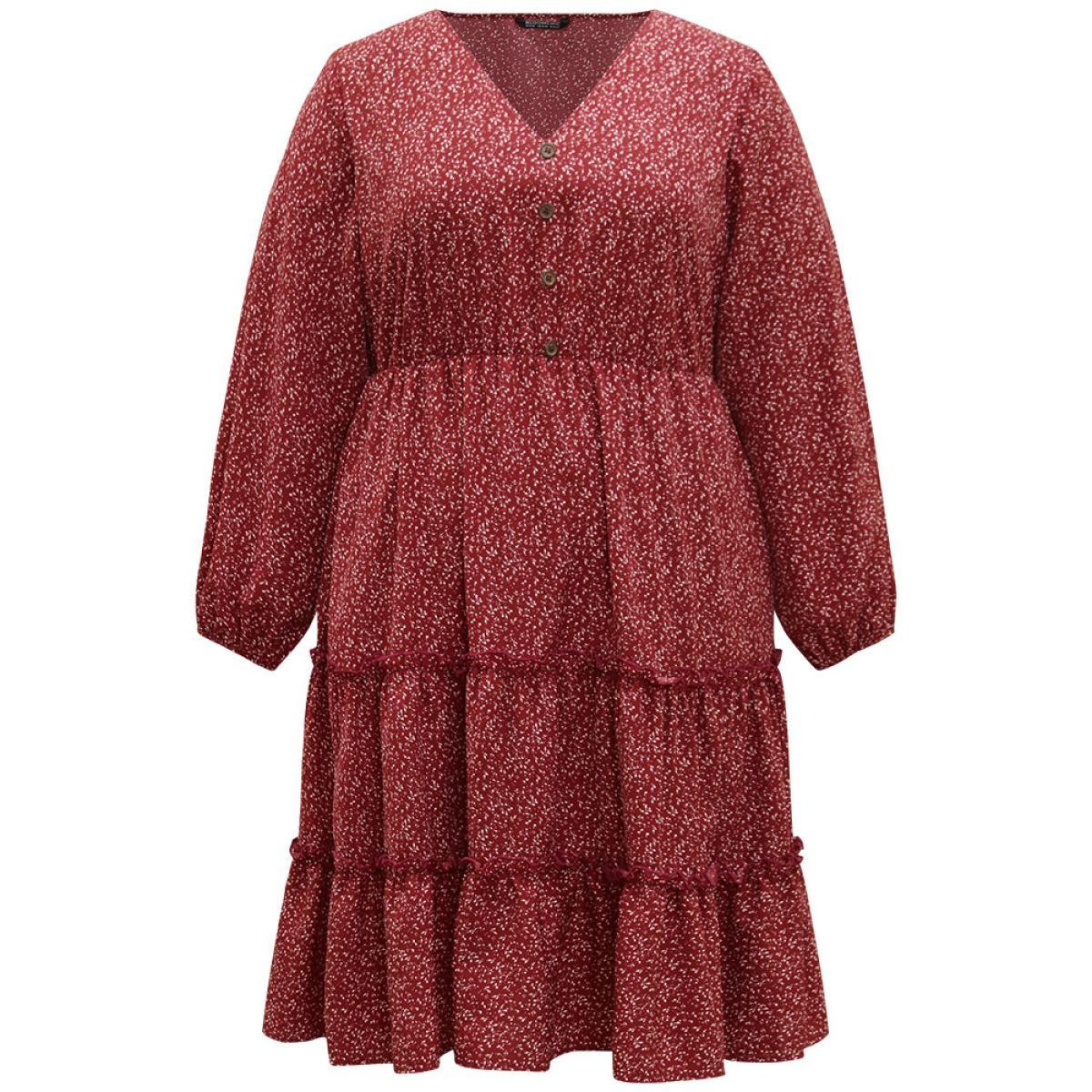 Plus Size Ditsy Floral V Neck Lantern Sleeve Ruffle Layered Hem Dress Scarlet Women Elegant Elastic cuffs V-neck Long Sleeve Curvy Midi Dress BloomChic 30/6X Product Image