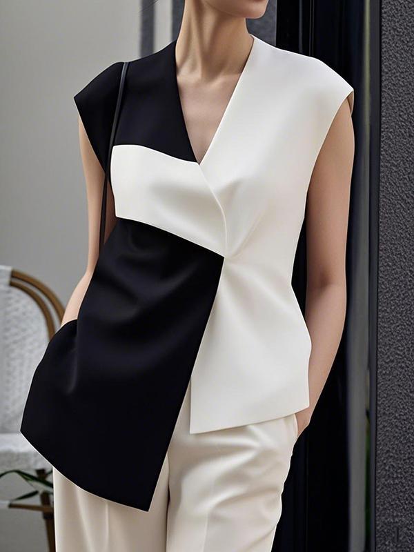 Loose Sleeveless Asymmetric Contrast Color V-Neck Vest Top Product Image