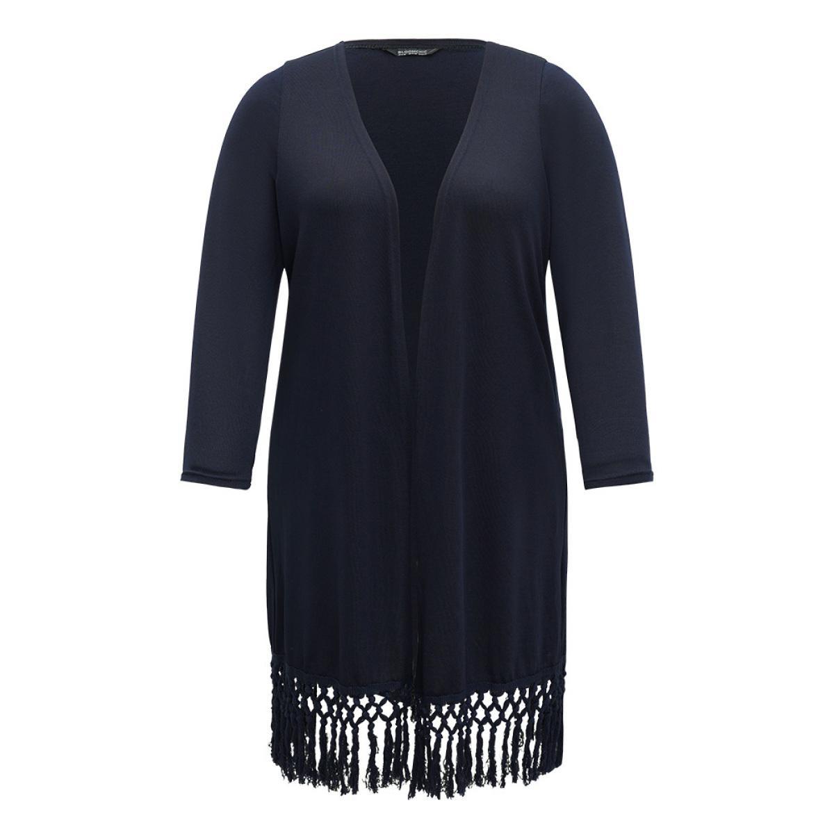 Plus Size Plain Patchwork Open Front Tassel Trim Kimono Women DarkBlue Casual Tassels Dailywear Kimonos BloomChic 14-16/1X Product Image