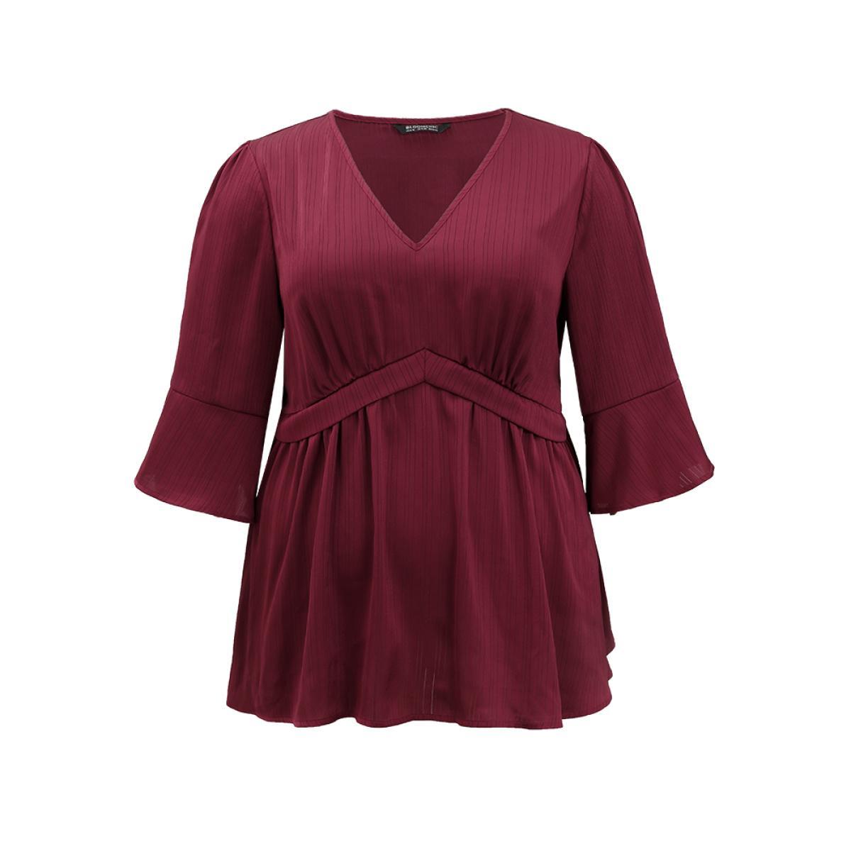 Plus Size Scarlet Anti-Wrinkle V Neck Gathered Ruffle Sleeve Blouse Women Office Elbow-length sleeve V-neck Work Blouses BloomChic 30/6X Product Image
