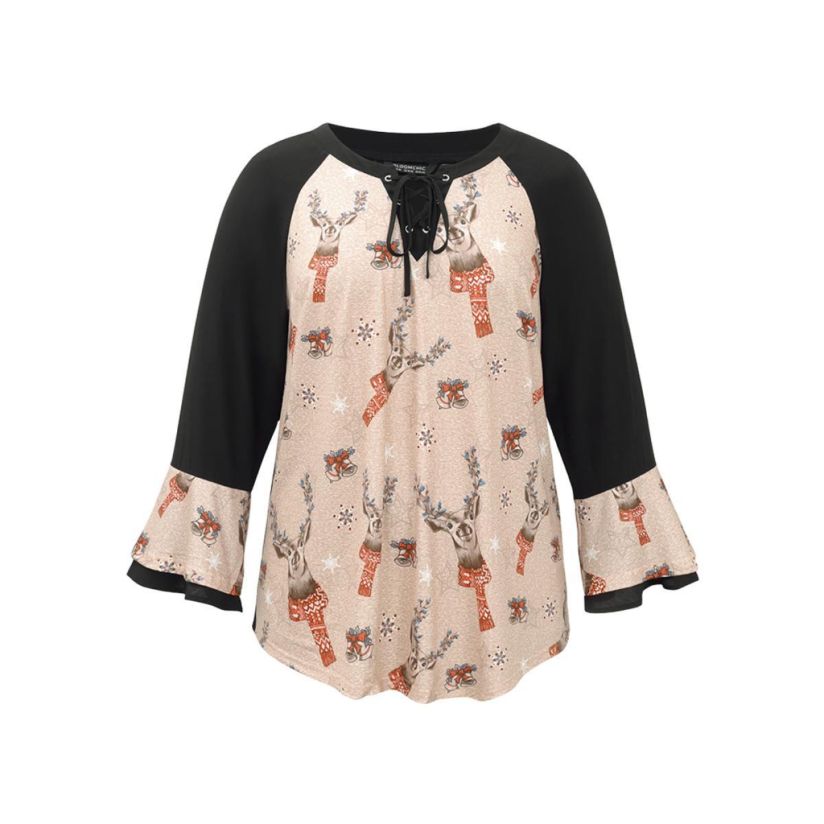 Plus Size Black Christmas Print Ruffles Patchwork Bell Sleeve Lace Up Blouse Women Elegant Long Sleeve Tie Neck Festival-Christmas Blouses BloomChic 30/6X Product Image