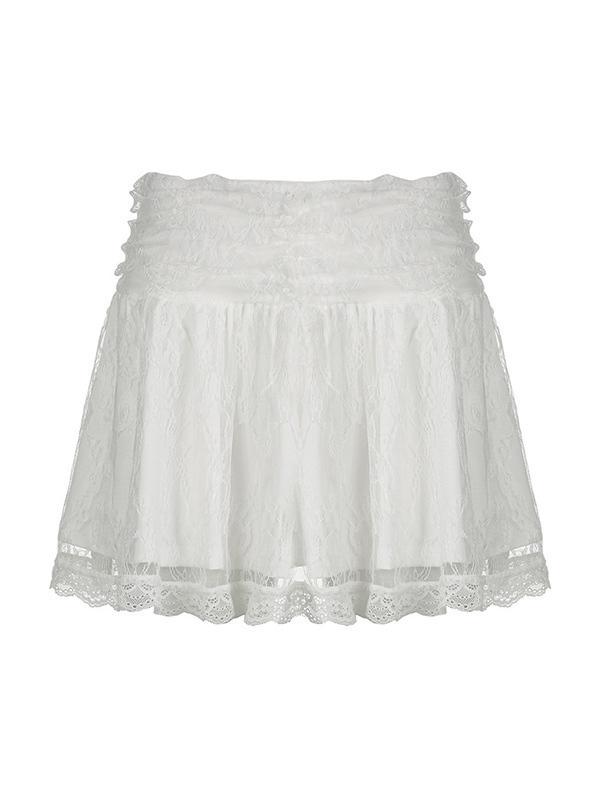 High-Waisted Pleated Lace Panel Mini Skirt Product Image