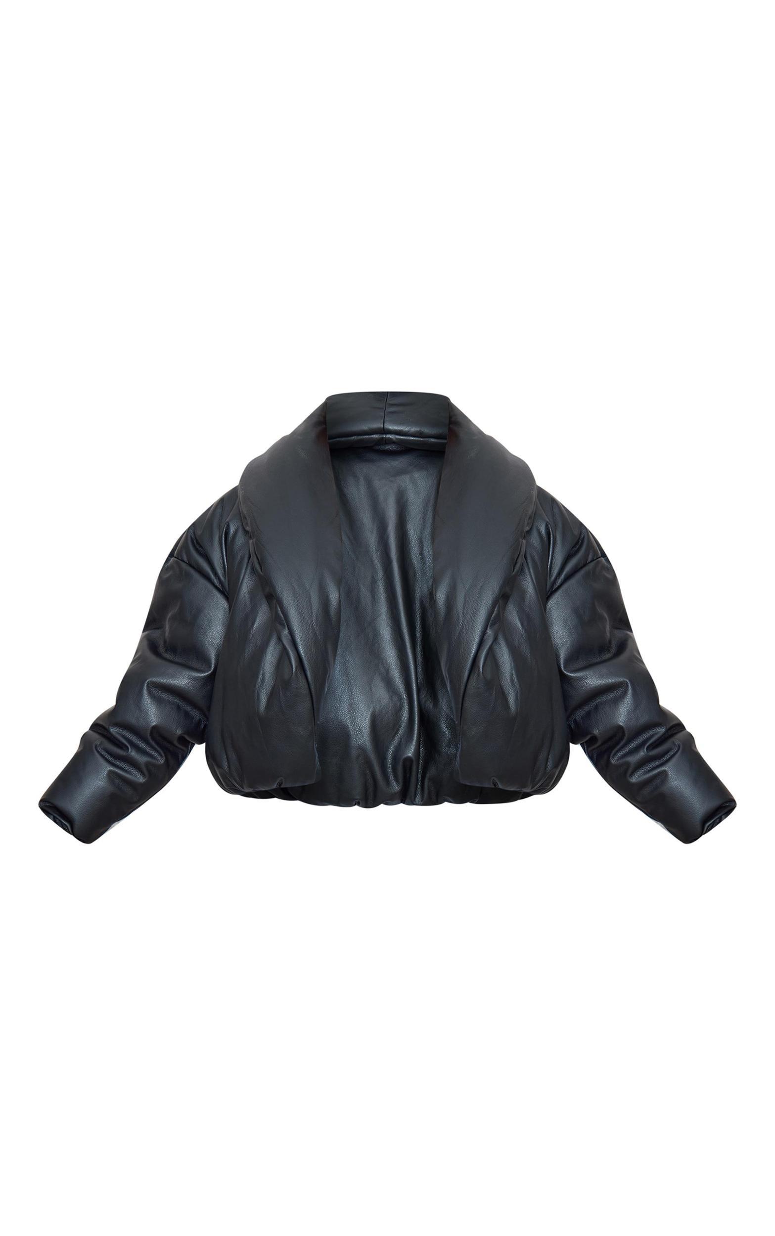 Plus Deep Black Exaggerated Collar PU Cropped Puffer Coat Product Image