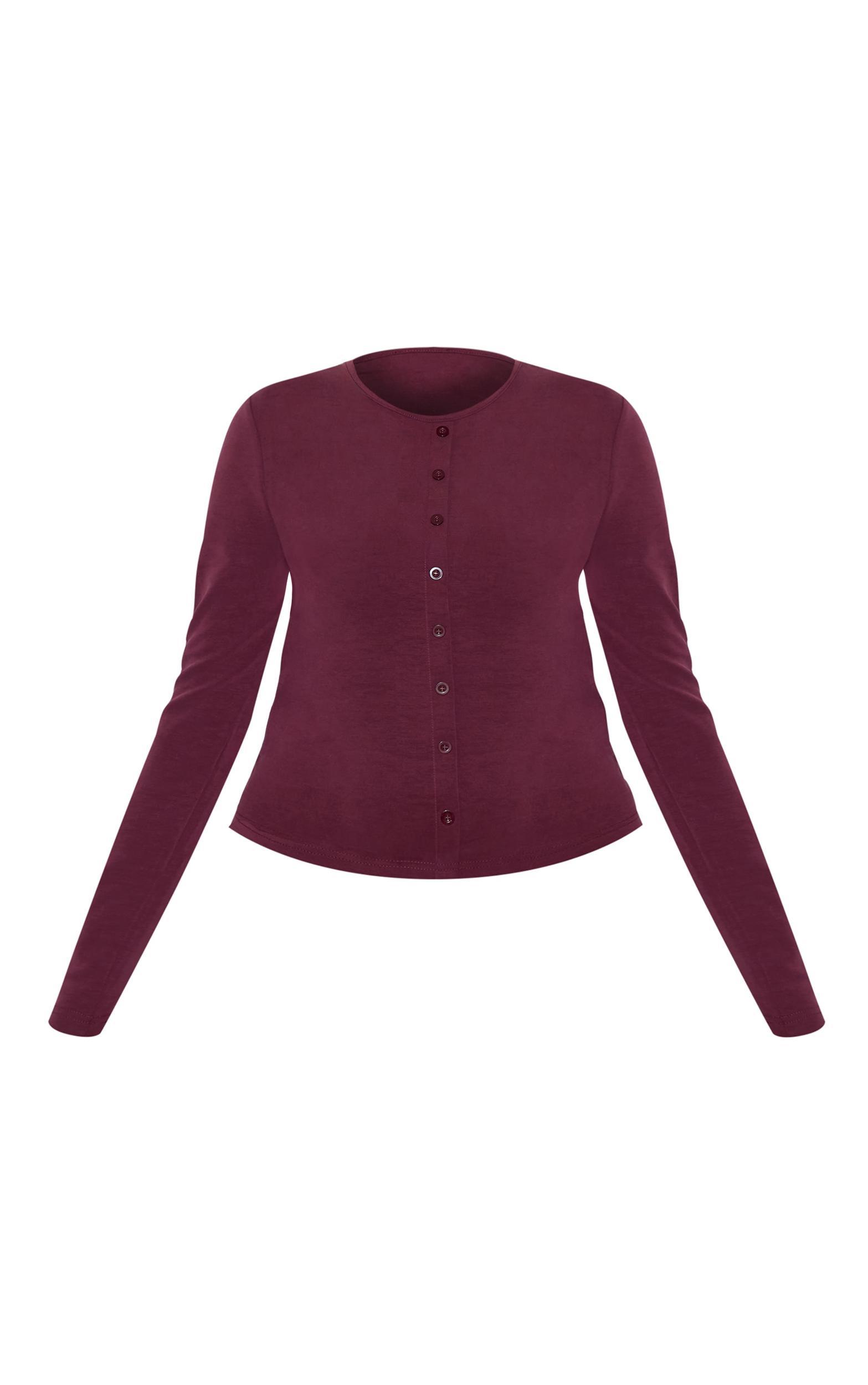Plus Burgundy Modal Button Detail Long Sleeve Top Product Image