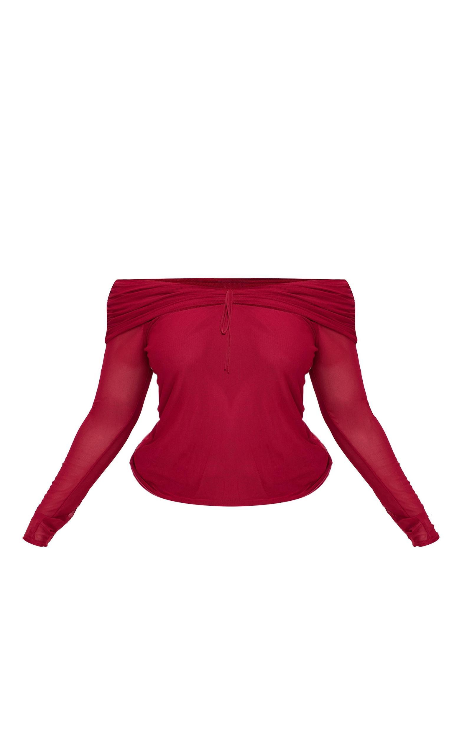 Plus Burgundy Cut Out Bardot Long Sleeve Top Product Image