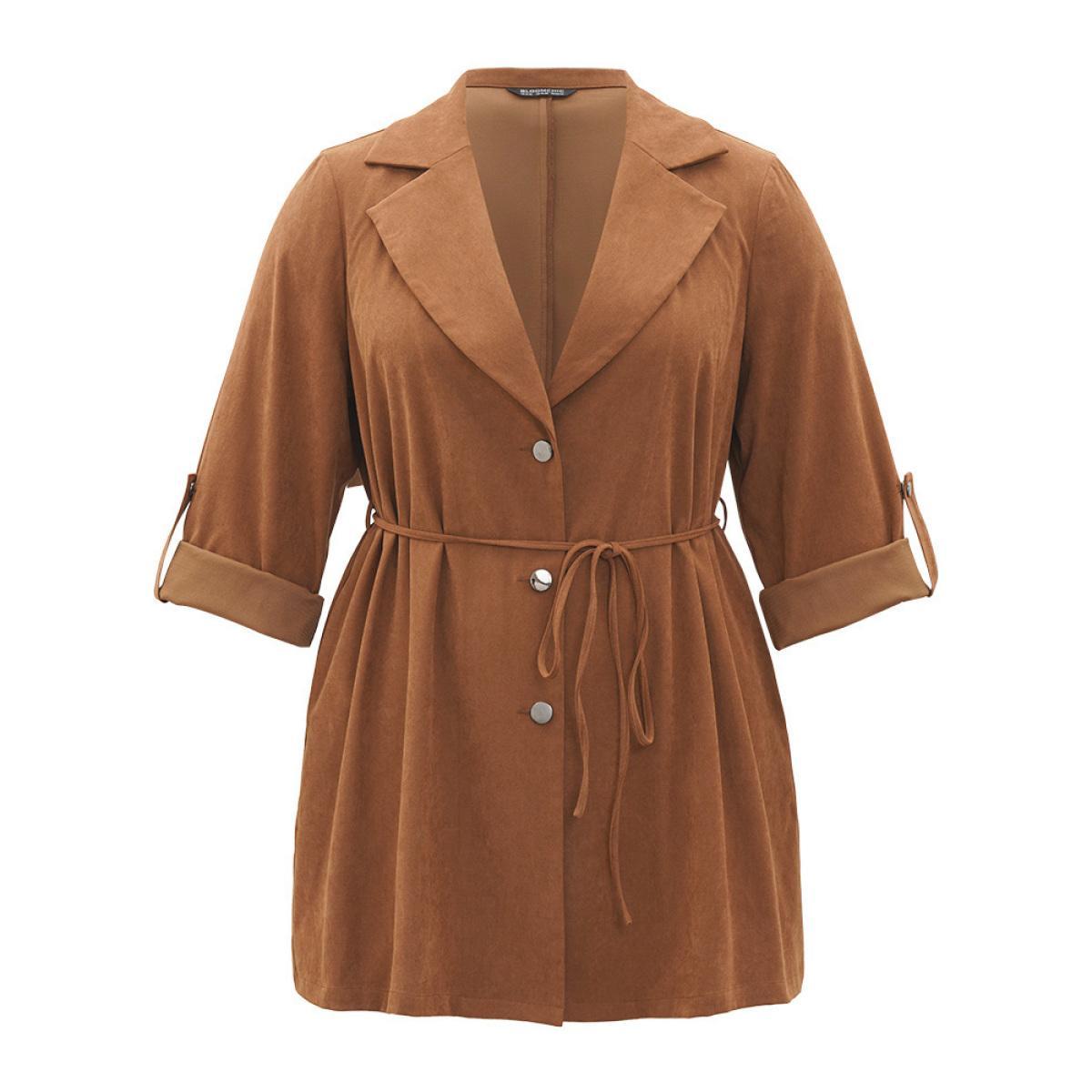 Plus Size Plain Corduroy Belted Bowknot Roll Tab Sleeve Coat Women Bronze Casual Plain Ladies Dailywear Winter Coats BloomChic 26/4X Product Image
