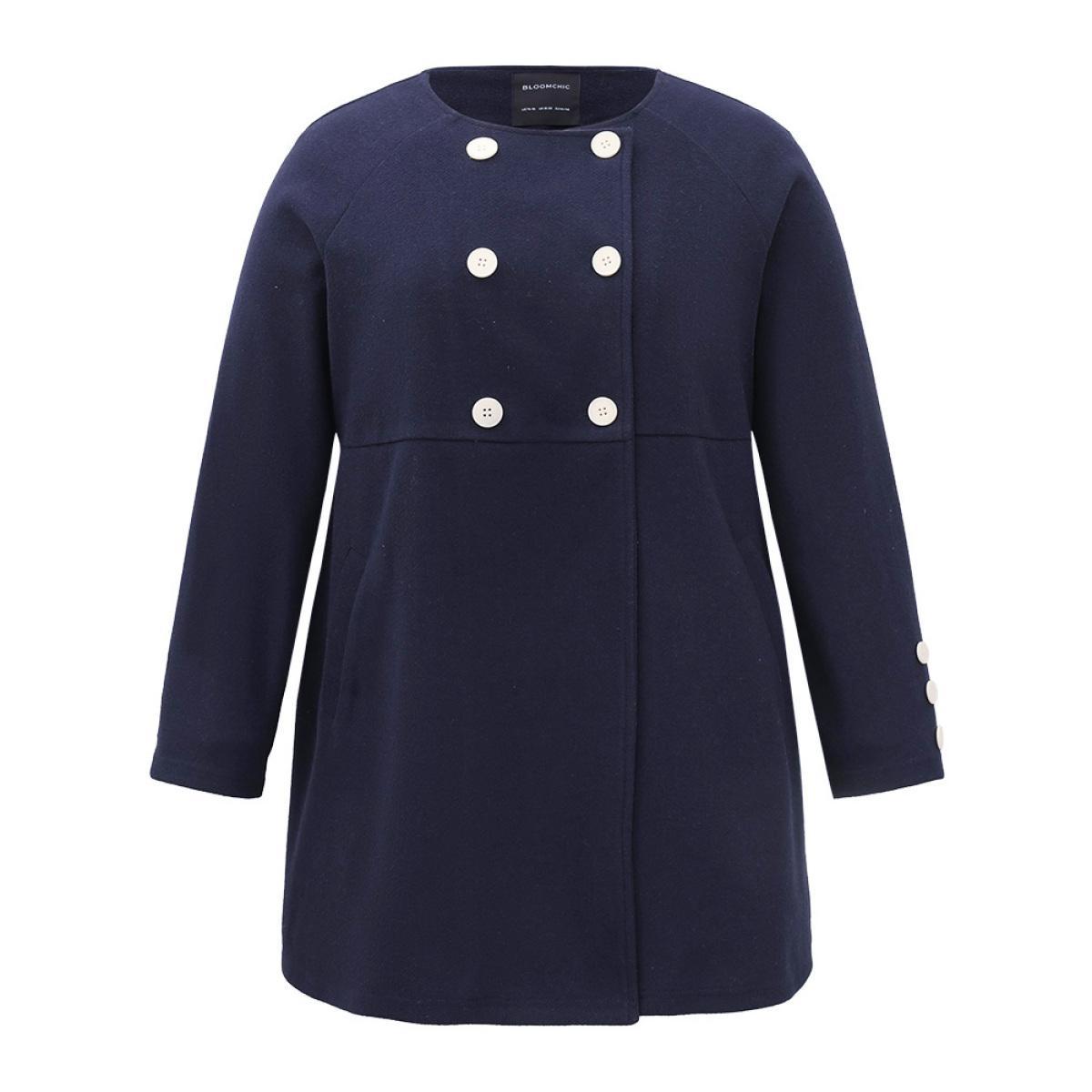 Plus Size Solid Button Detail pocket Coat Women Indigo Casual Plain Ladies Everyday Winter Coats BloomChic 10/M Product Image