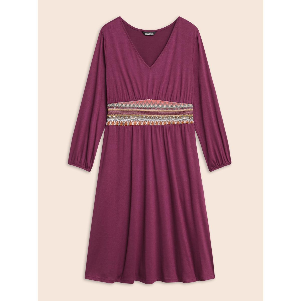 Plus Size V Neck Contrast Webbing Midi Dress RedViolet Women Resort Woven ribbon&lace trim V-neck Long Sleeve Curvy BloomChic 12/L Product Image