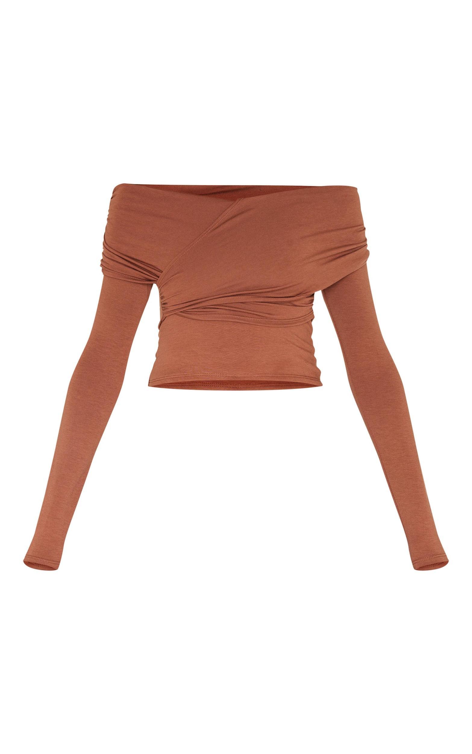 Brown Contour Jersey Bardot Foldover Long Sleeve Top Product Image
