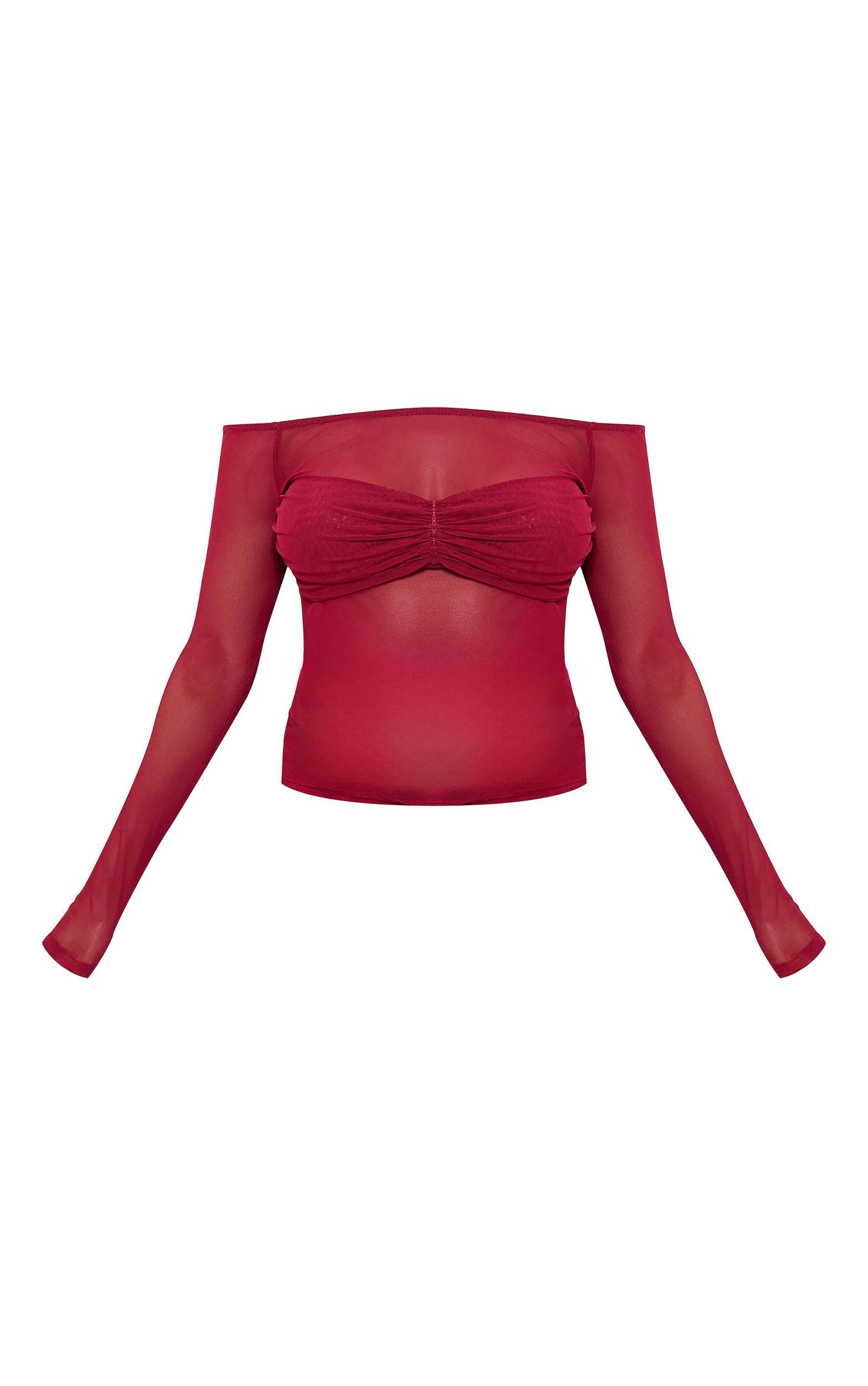 Burgundy Mesh Bardot Ruched Bust Detail Long Top Product Image