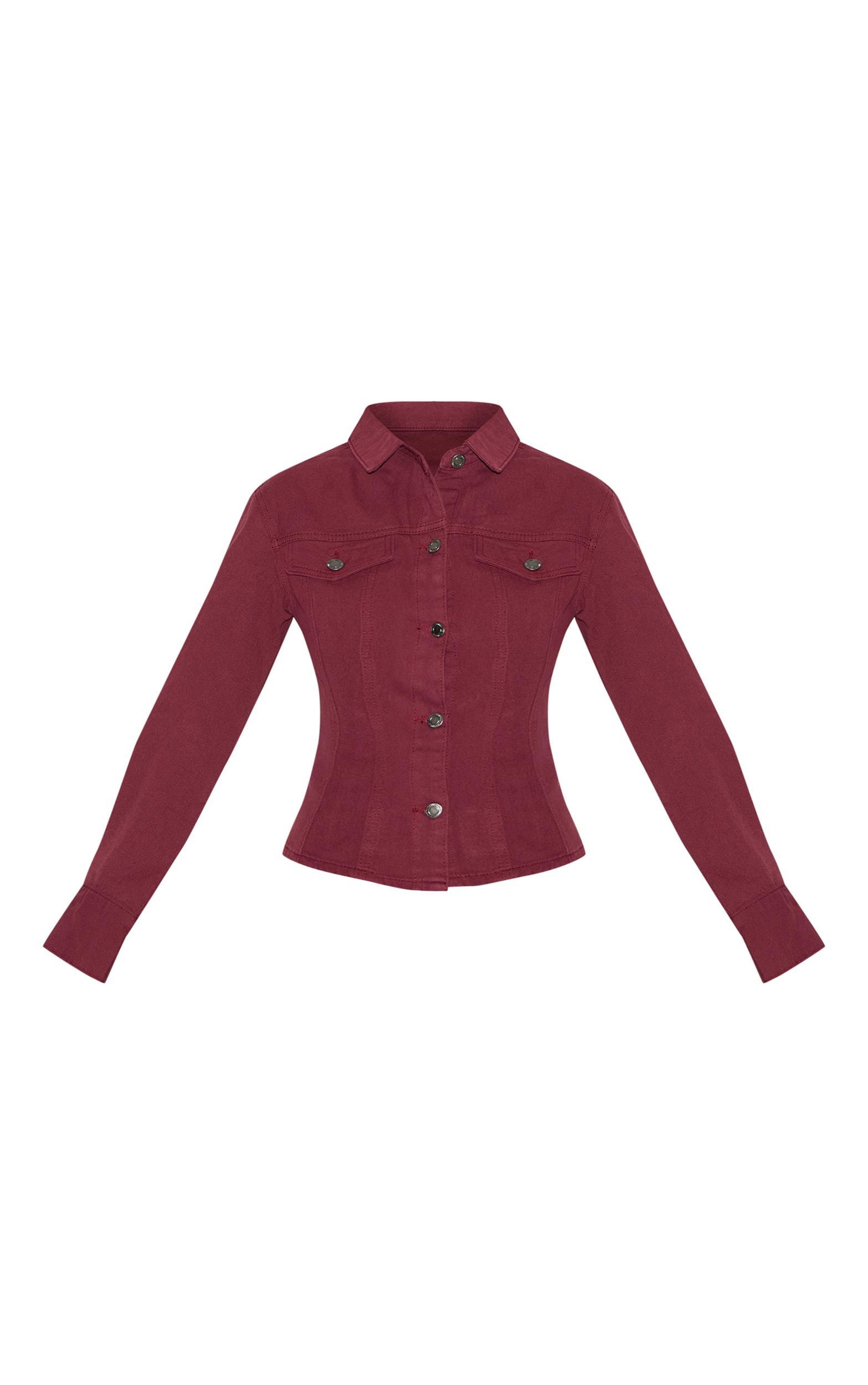 Burgundy Long Sleeve Cinch Waist Denim Jacket Product Image
