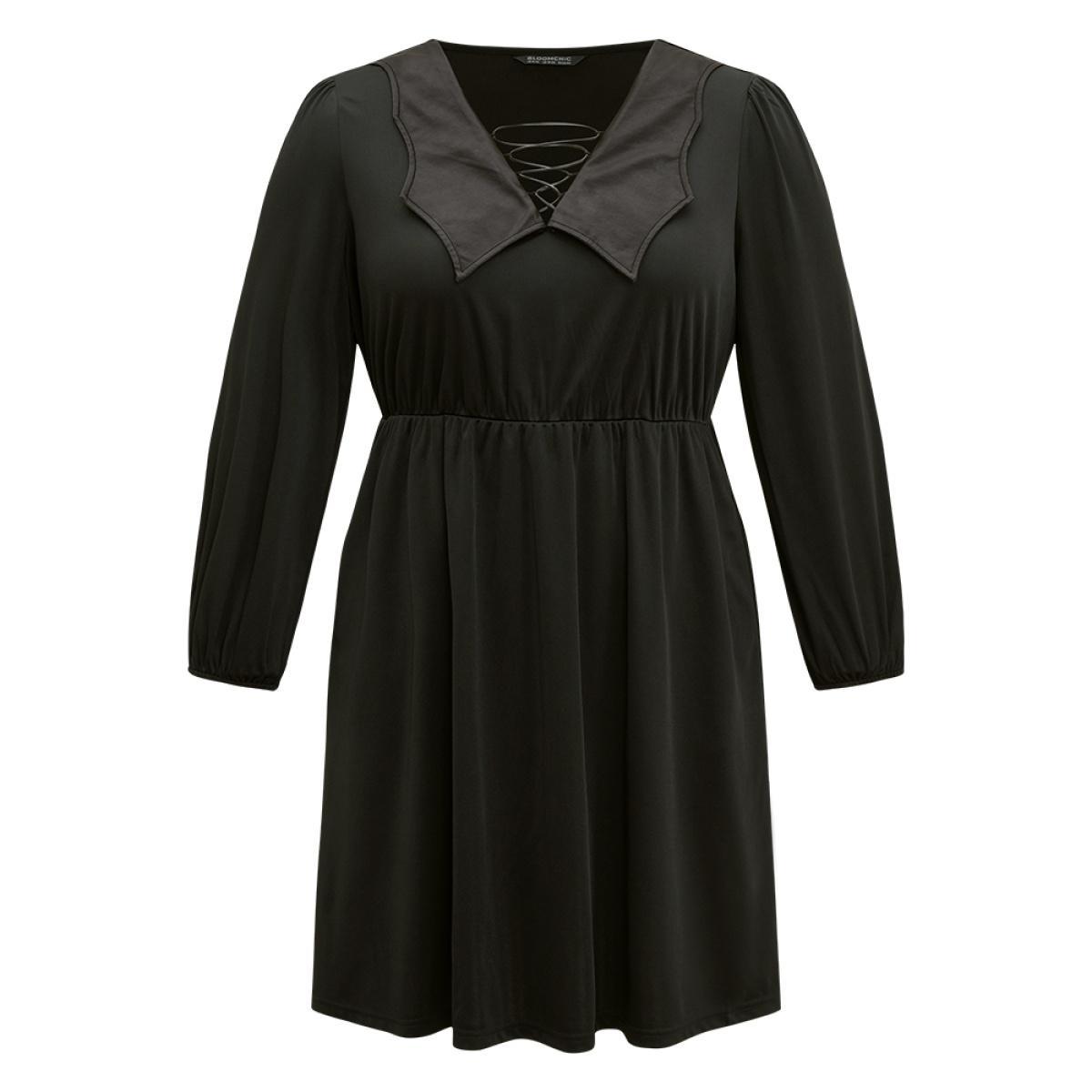 Plus Size Halloween Plain PU Crisscross Patchwork Pocket Dress Black Women Elegant Elastic cuffs V-neck Long Sleeve Curvy Knee Dress BloomChic 18-20/2X Product Image