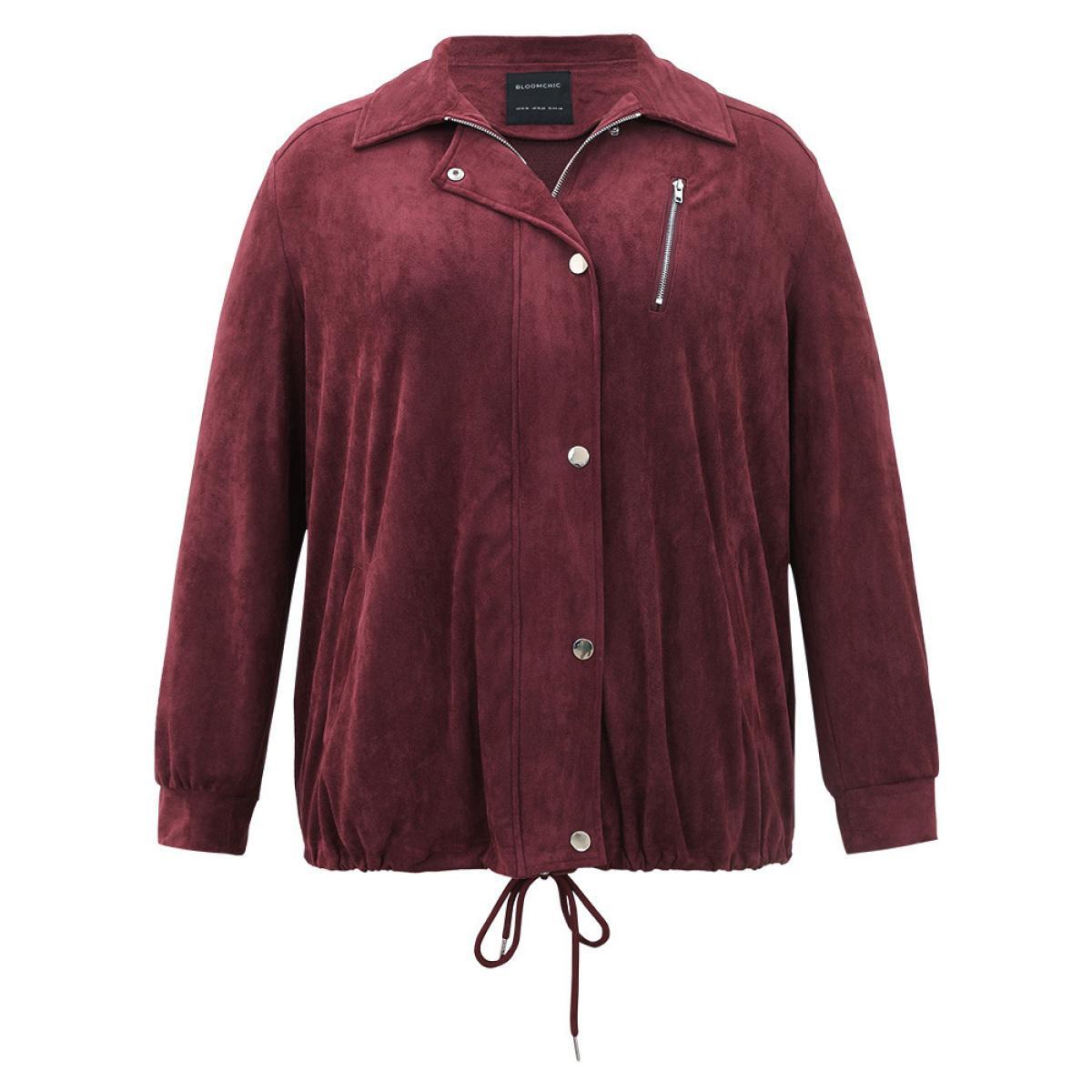 Plus Size Plain Pocket Zipper Fly Drawstring Jacket Women Burgundy Plain Pocket Dailywear Jackets BloomChic 12/L Product Image