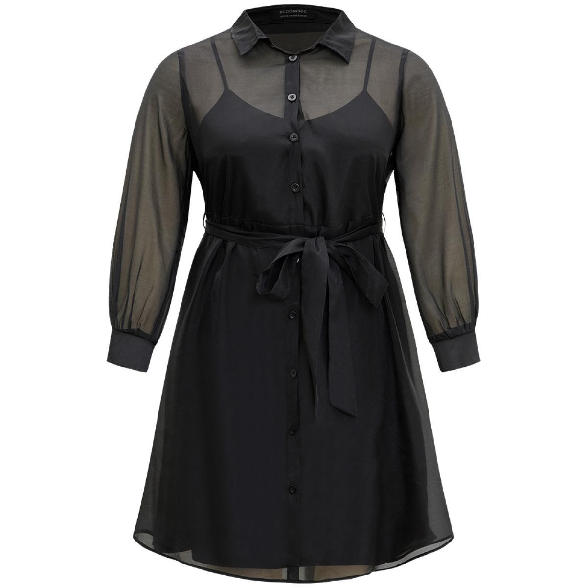 Plus Size Shirt Collar Button Up Belted Mesh Dress Black Women Elegant Lined Shirt collar Long Sleeve Curvy Midi Dress BloomChic 14-16/1X Product Image