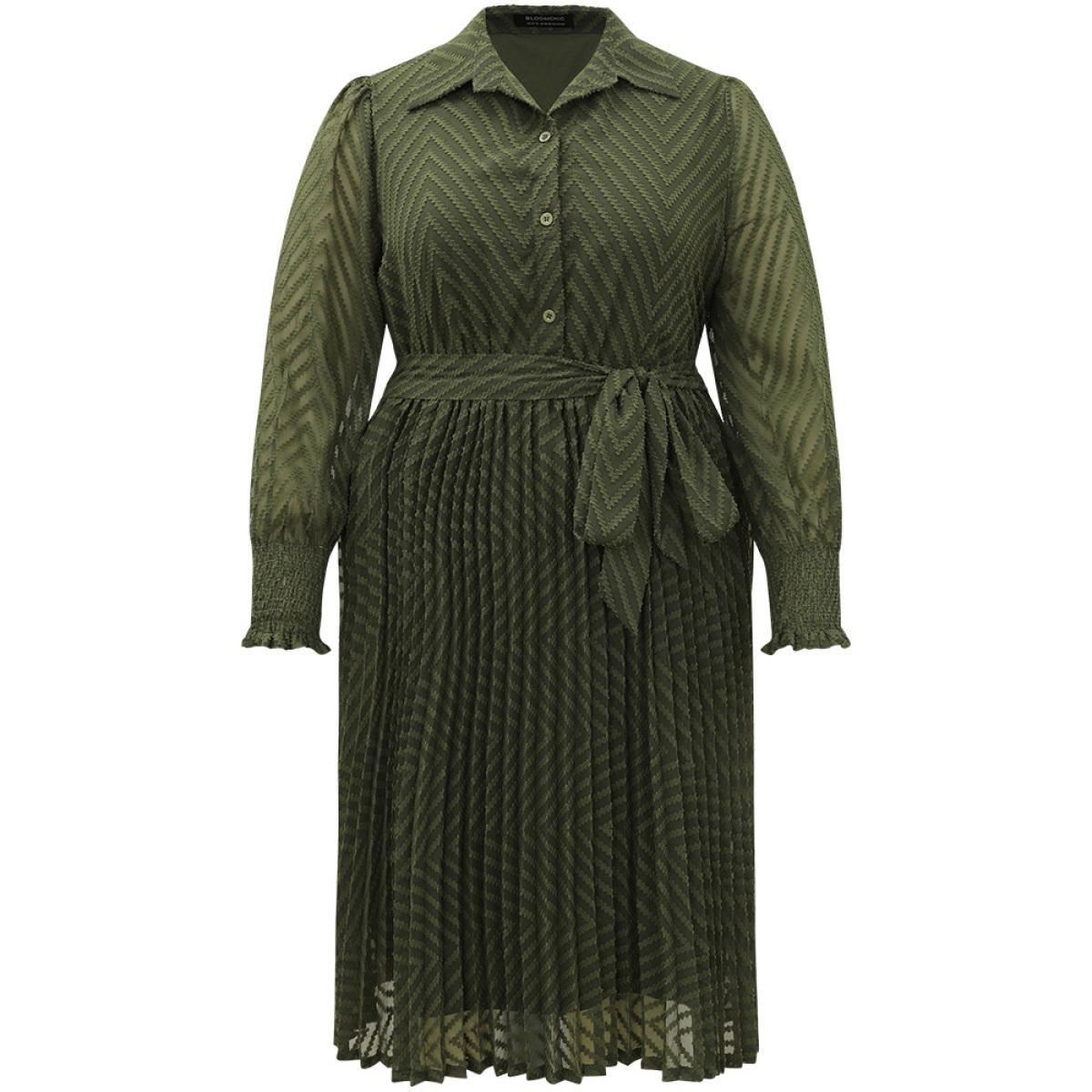 Plus Size Shirred Belted Pocket Shirt Collar Button Through Dress ArmyGreen Women Office Elastic cuffs Shirt collar Long Sleeve Curvy Midi Dress BloomChic 28/5X Product Image