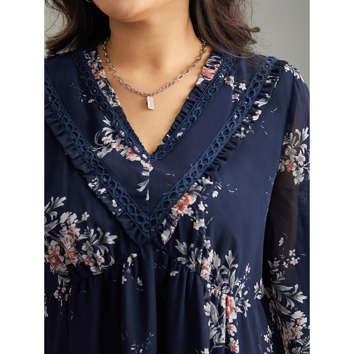 Plus Size Indigo Chiffon Floral Print Frill Trim Ruffle Blouse Women Elegant Half Sleeve V-neck Dailywear Blouses BloomChic 22-24/3X Product Image