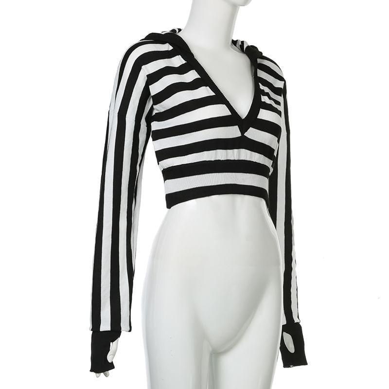 Long Sleeve Deep Plunge Striped Hood Knit Crop Top Product Image