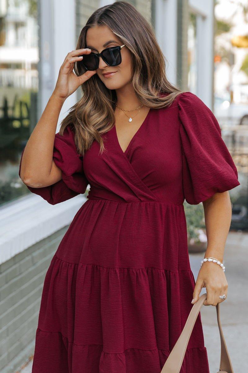 Wine Tiered Midi Wrap Dress - FINAL SALE Female Product Image