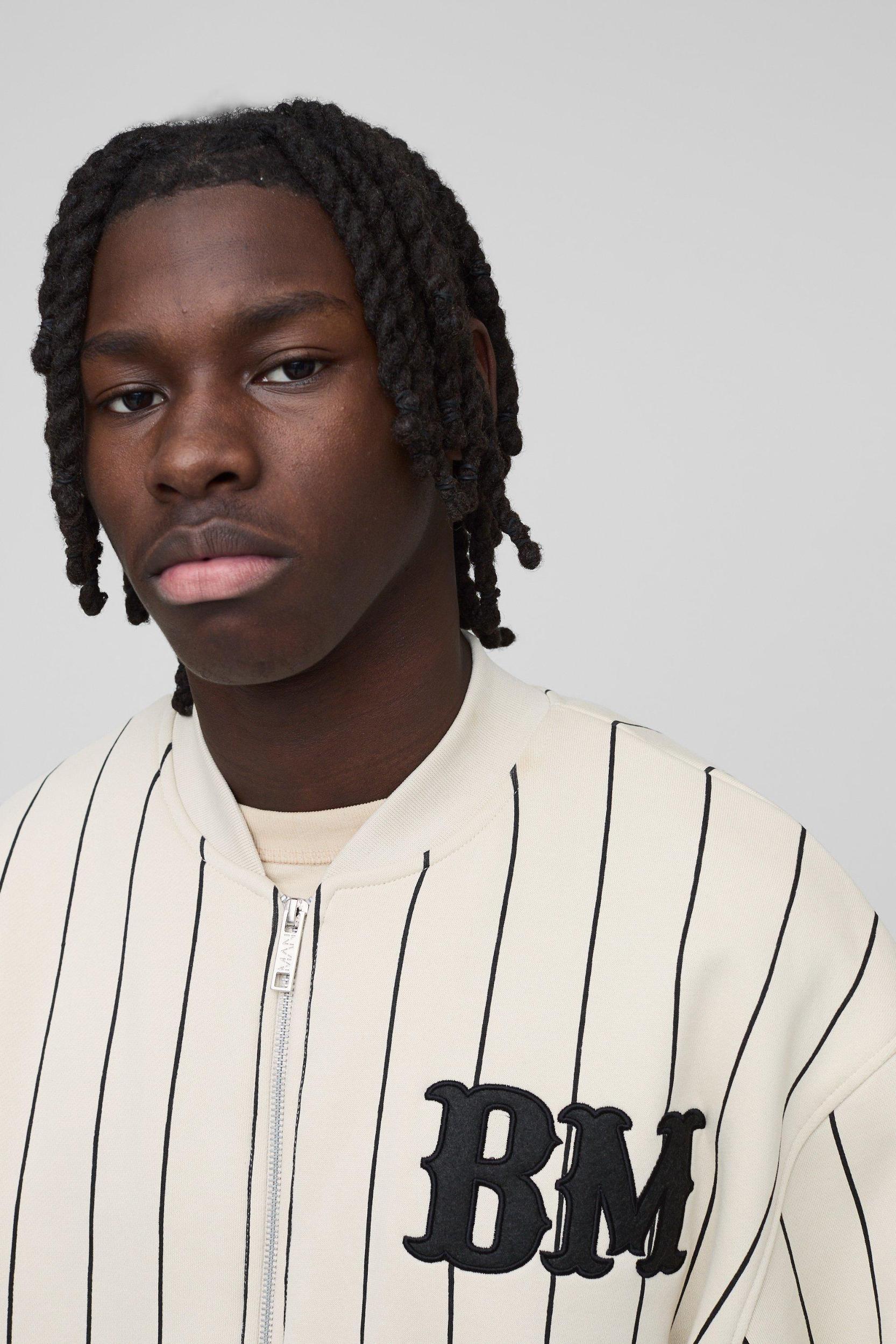 Oversized BM Pinstripe Jersey Bomber Jacket | boohooMAN USA Product Image