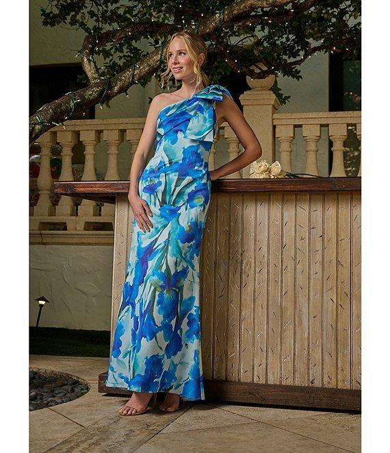 Adrianna Papell Scuba Floral Print One-Shoulder Neck Sleeveless Bow Detail Mermaid Gown Product Image
