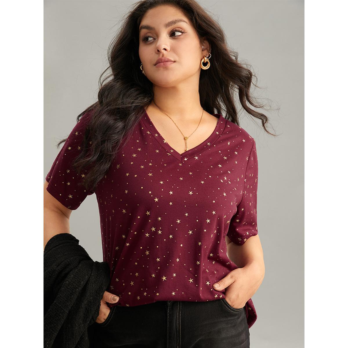 Plus Size Star Polka Dot V Neck T-shirt Burgundy Women Elegant Contrast Moon and Star V-neck Dailywear T-shirts BloomChic 28/5X Product Image