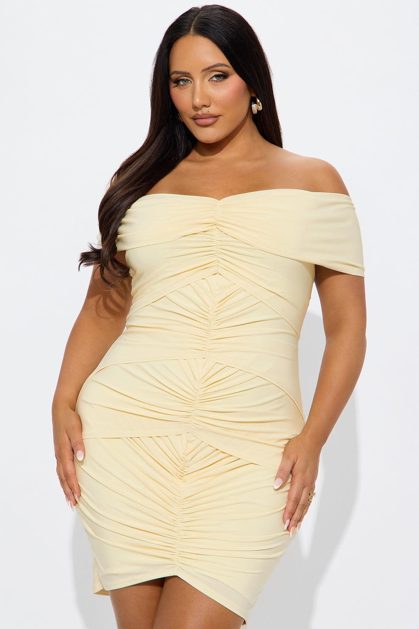 Heather Off Shoulder Ruched Mini Dress - Cream Female Product Image
