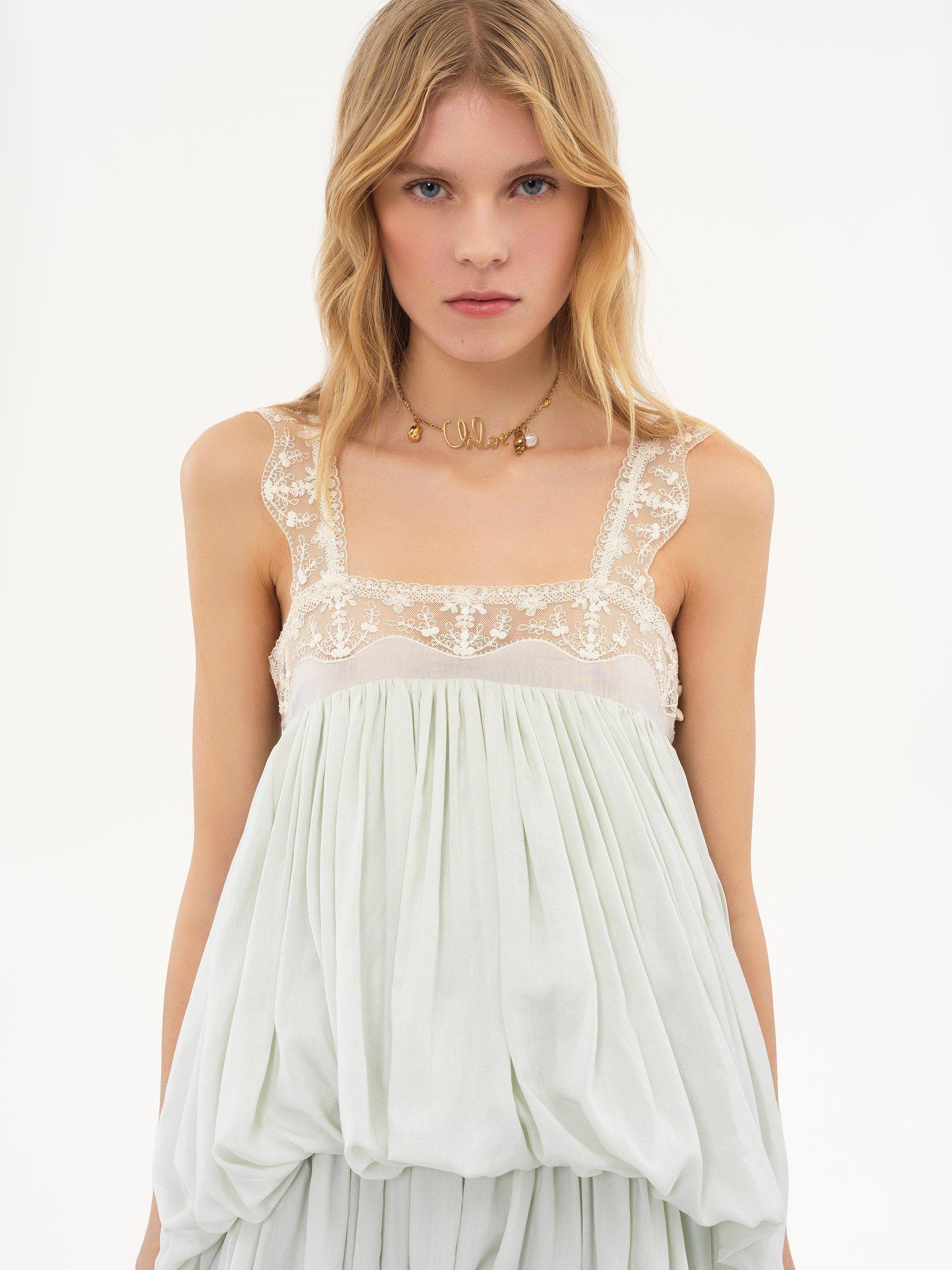 High-low ruffled dress in silk habotai & lace Product Image