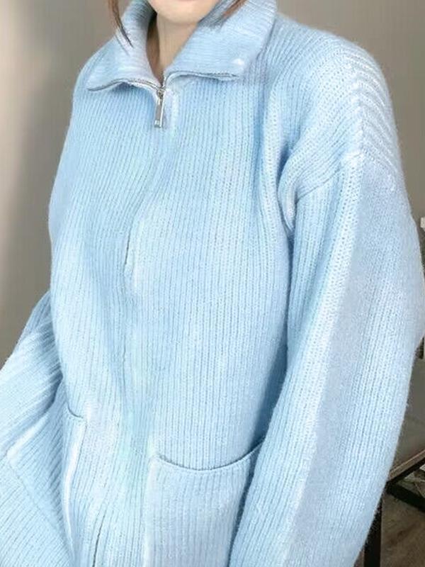 Solid Lapel Neck Zip Up Cardigan Product Image
