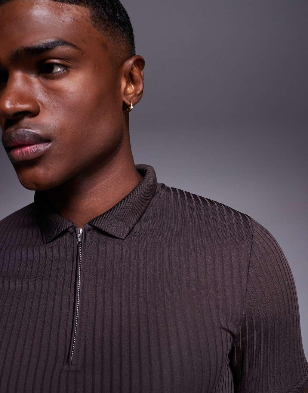  ASOS DESIGN muscle fit rib polo with zip in brown Product Image