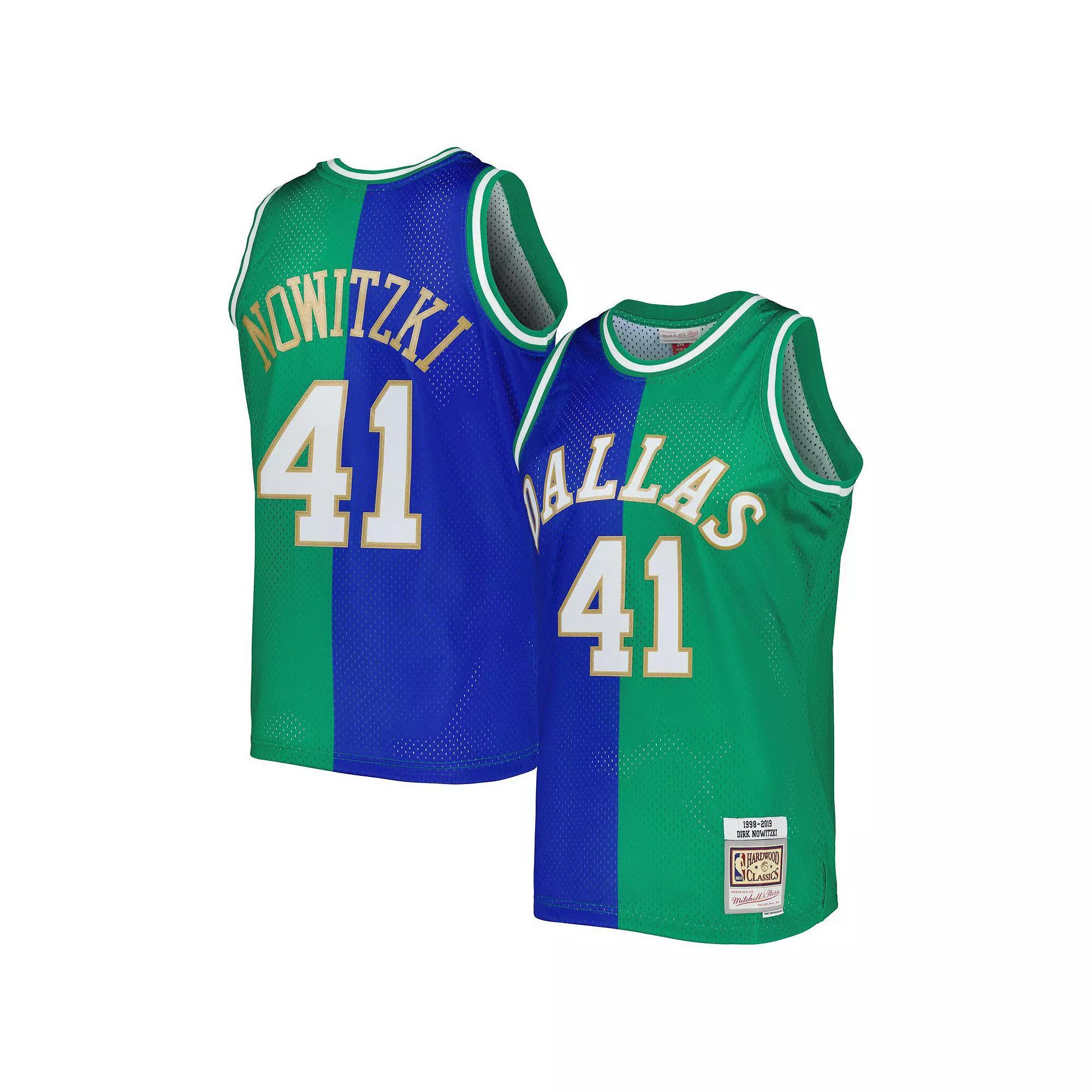 Men's Mitchell & Ness Dirk Nowitzki Blue/Green Dallas Mavericks Hardwood Classics 1998/2019 Split Swingman Jersey, Size: Medium Product Image