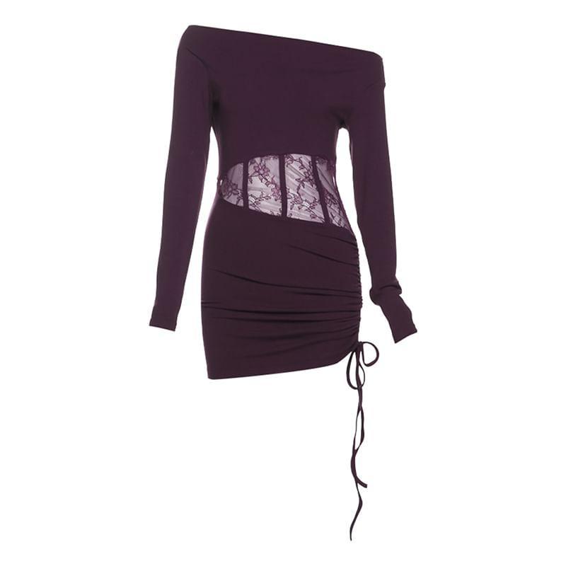 Long-Sleeve One-Shoulder Plain Lace Panel Drawstring Mini Sheath Dress Product Image