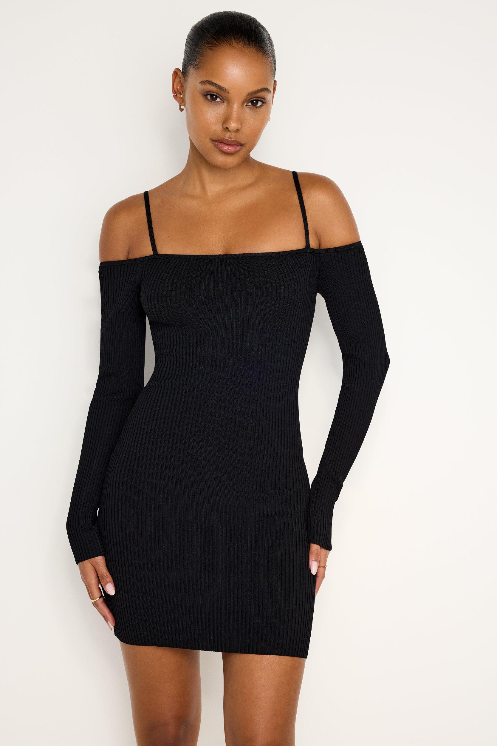 STRETCH RIB KNIT SHOULDER MINI DRESS | BLACK001 Product Image