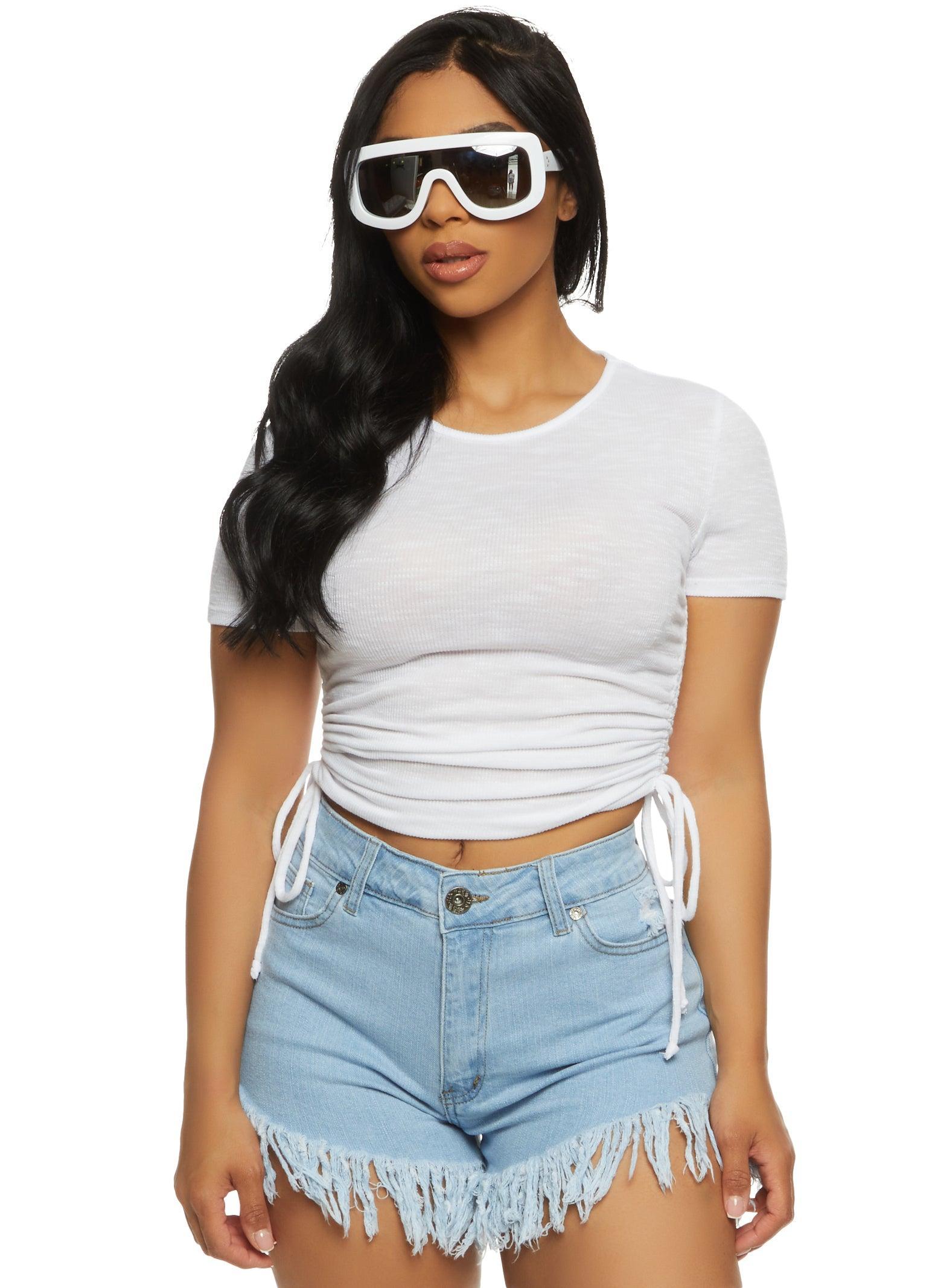 Womens Ribbed Crew Neck Ruched Side T Shirt Product Image