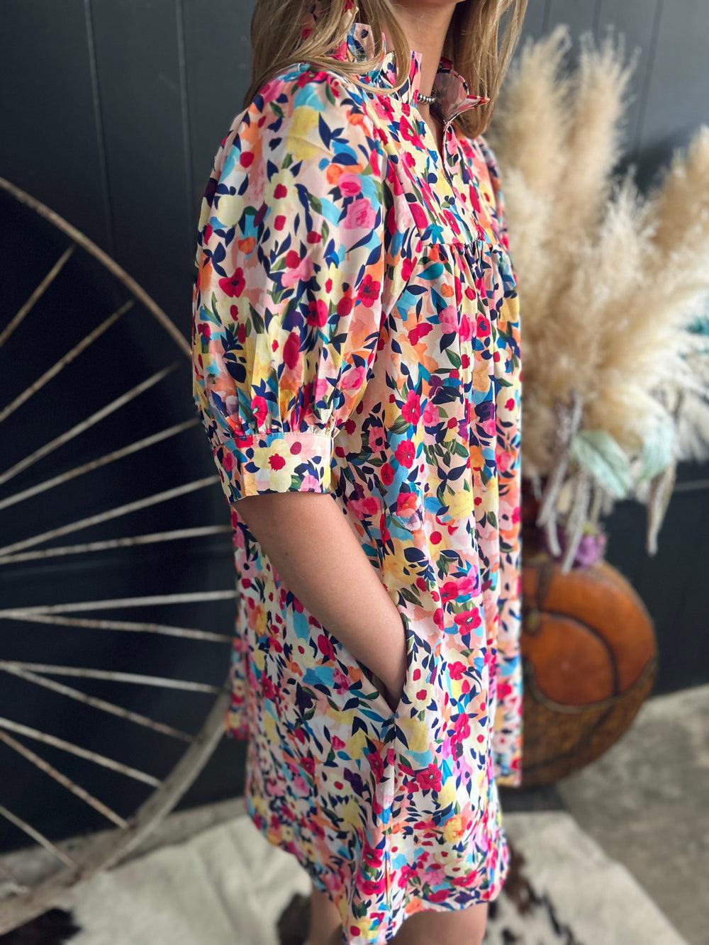 Floral Puff Short Sleeve V Neck Mini Dress Product Image