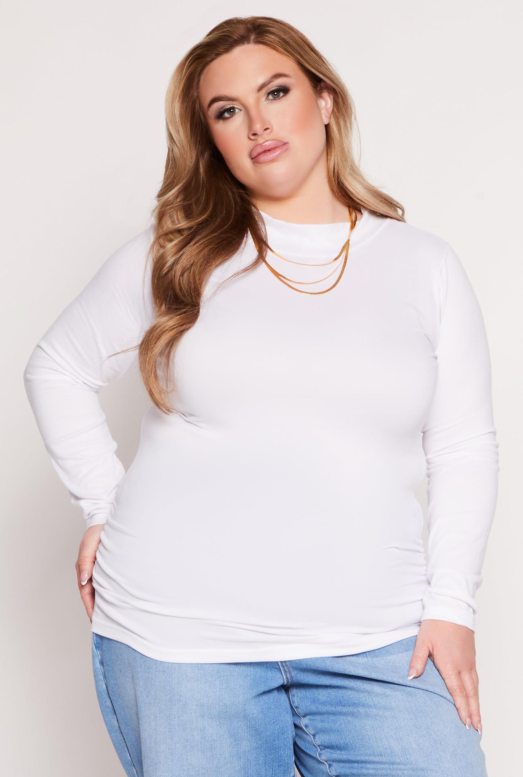 Womens Plus Size Soft Knit Ruched Mock Neck Top Product Image