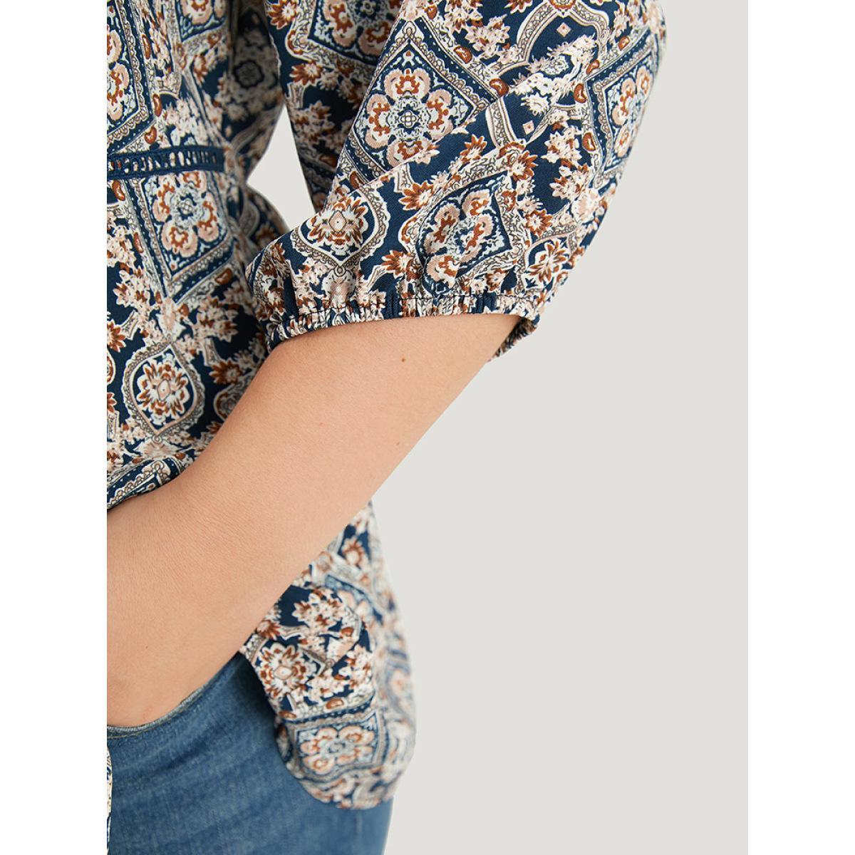 Plus Size Indigo Moroccan Print Tassels Ties Elastic Cuffs Blouse Women Resort Elbow-length sleeve Tie Neck Vacation Blouses BloomChic 12/L Product Image